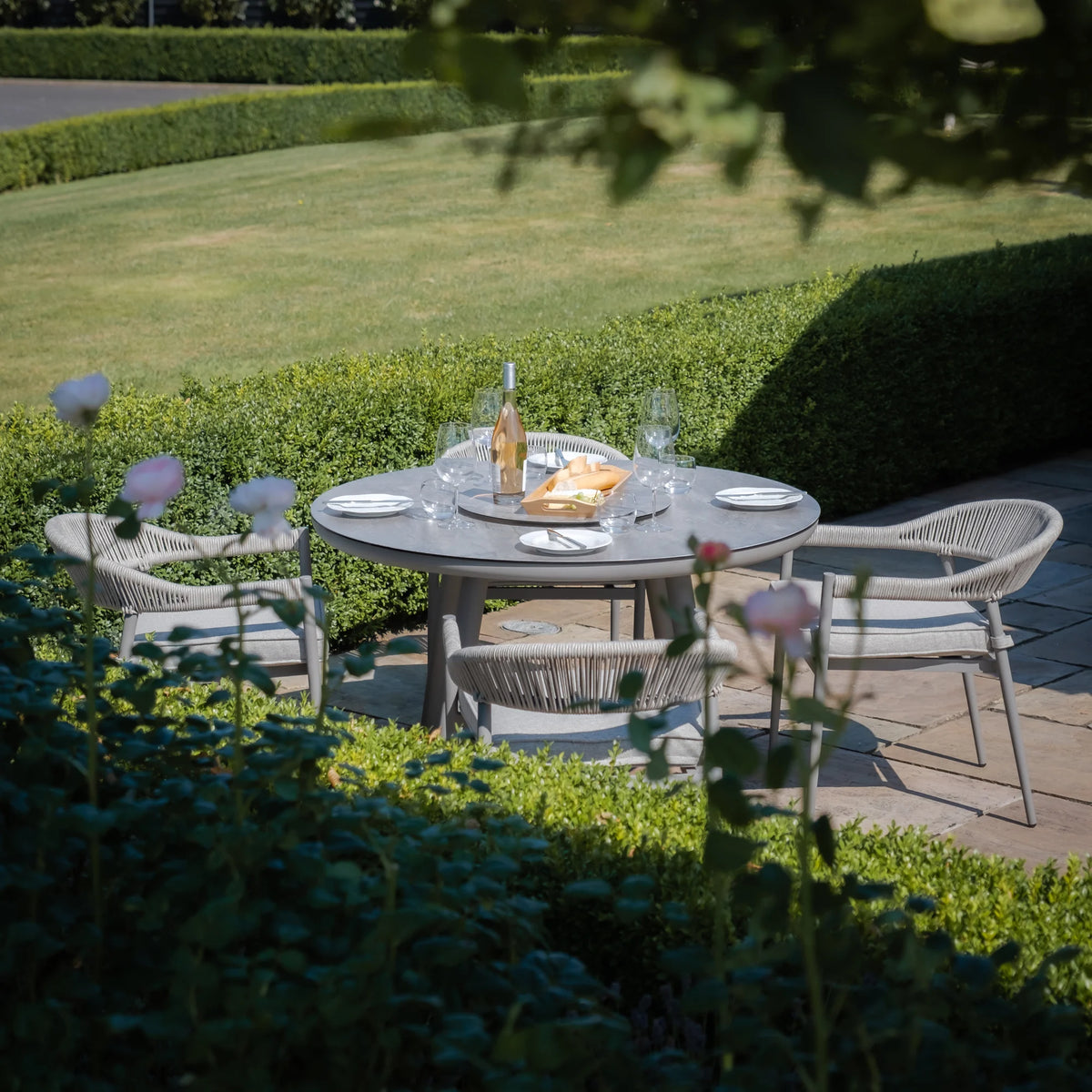 Loretto 4 Seat Round Dining Set With Lazy Susan - Cool Linen
