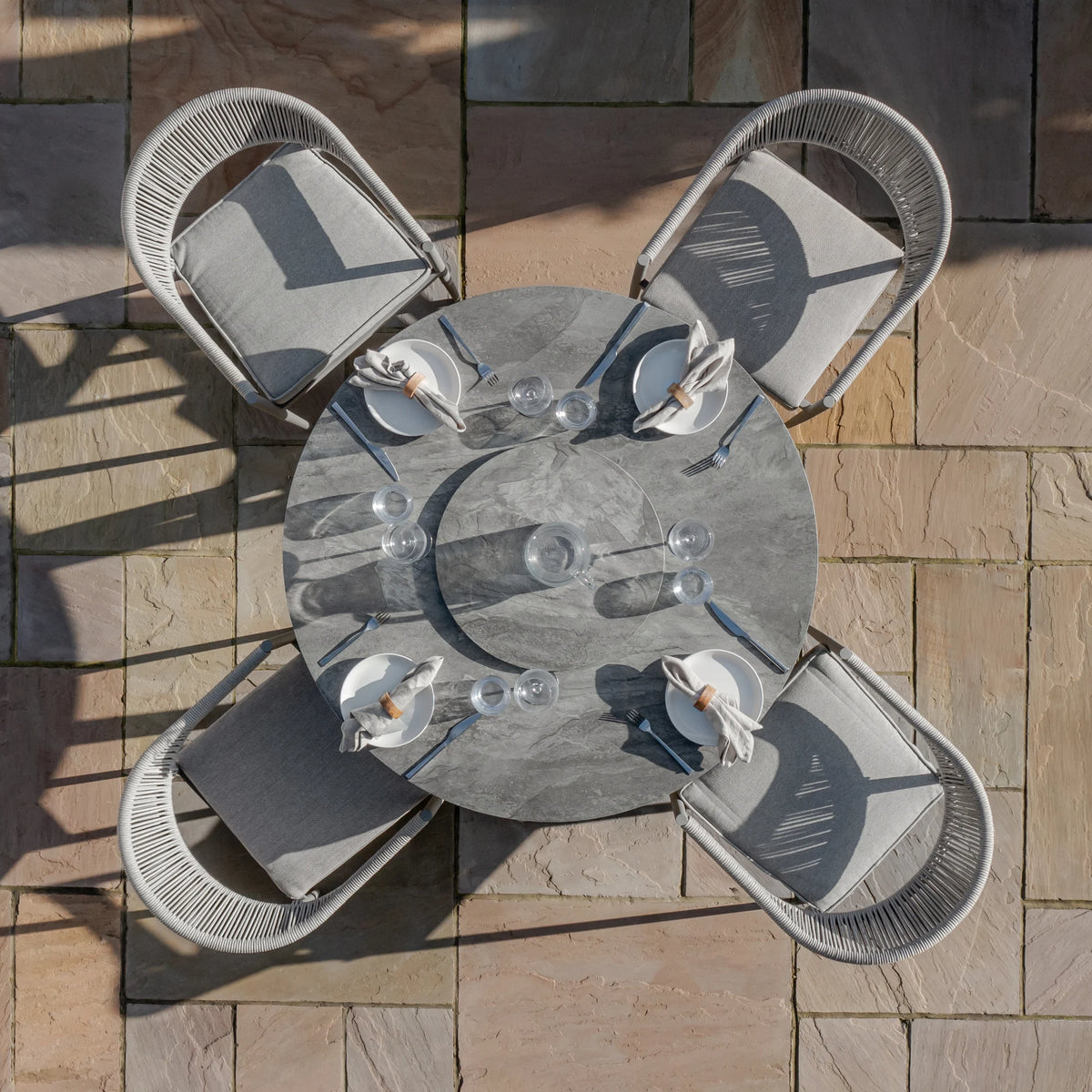 Loretto 4 Seat Round Dining Set With Lazy Susan - Cool Linen