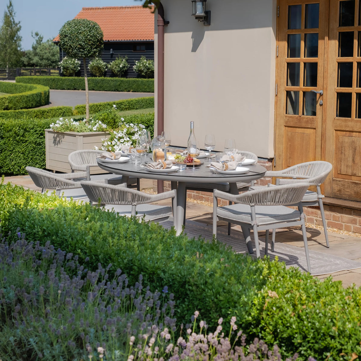 Loretto 6 Seat Oval Dining Set With Lazy Susan - Cool Linen