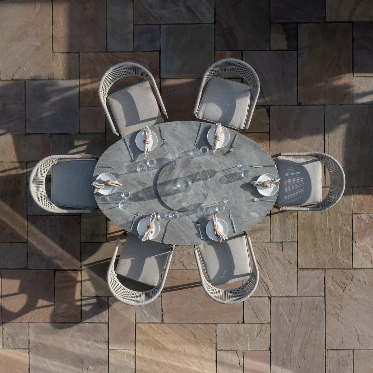 Loretto 6 Seat Oval Dining Set With Lazy Susan - Cool Linen