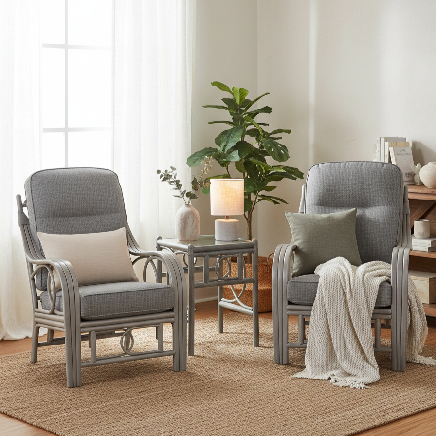 Madrid Grey 2 Armchairs in Hawaiian Plain with Lamp Table