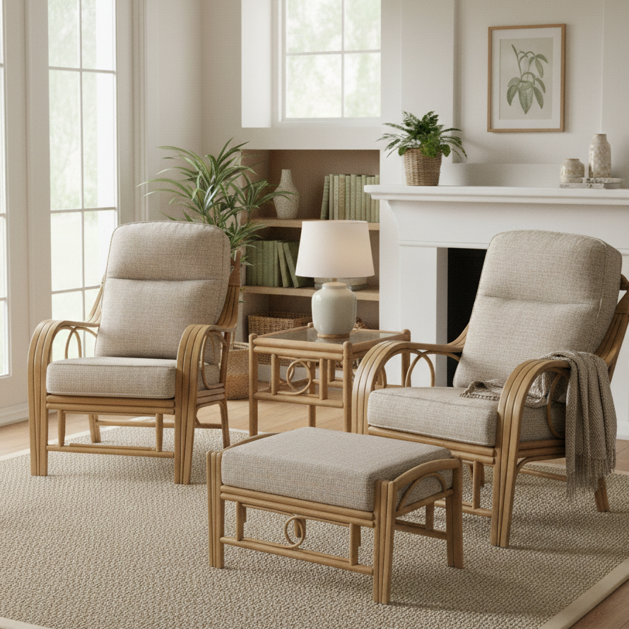 Madrid Light Oak 2 Armchairs & Footstool in Blush Tweed with Lamp Table
