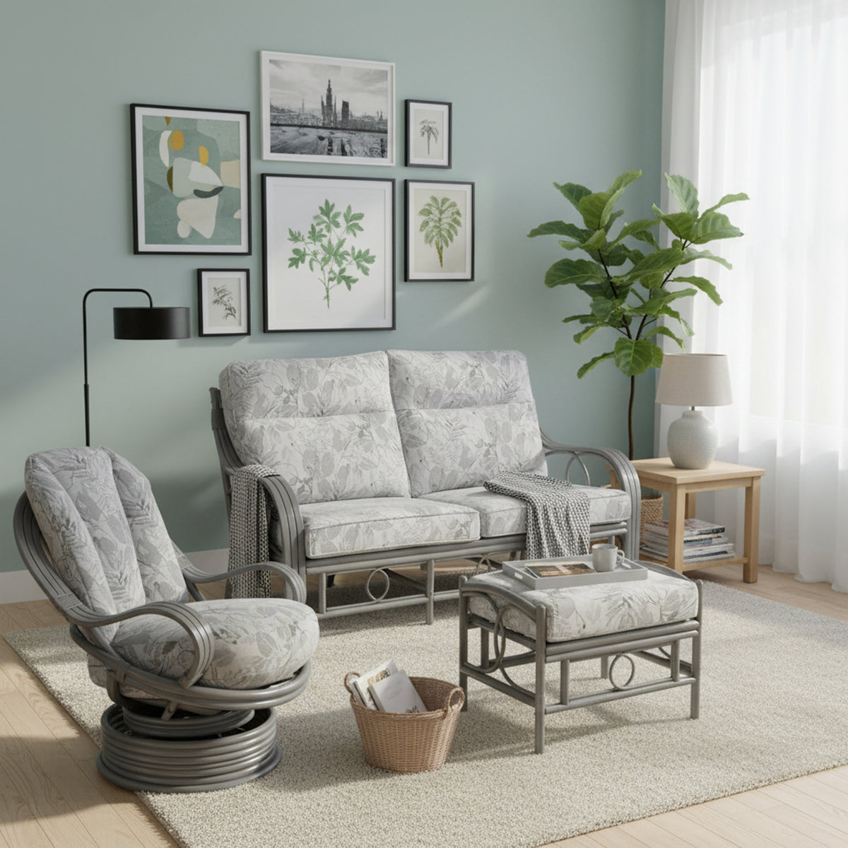 Madrid Grey 3 Seater, Laminated Swivel Rocker and Footstool in Delamere