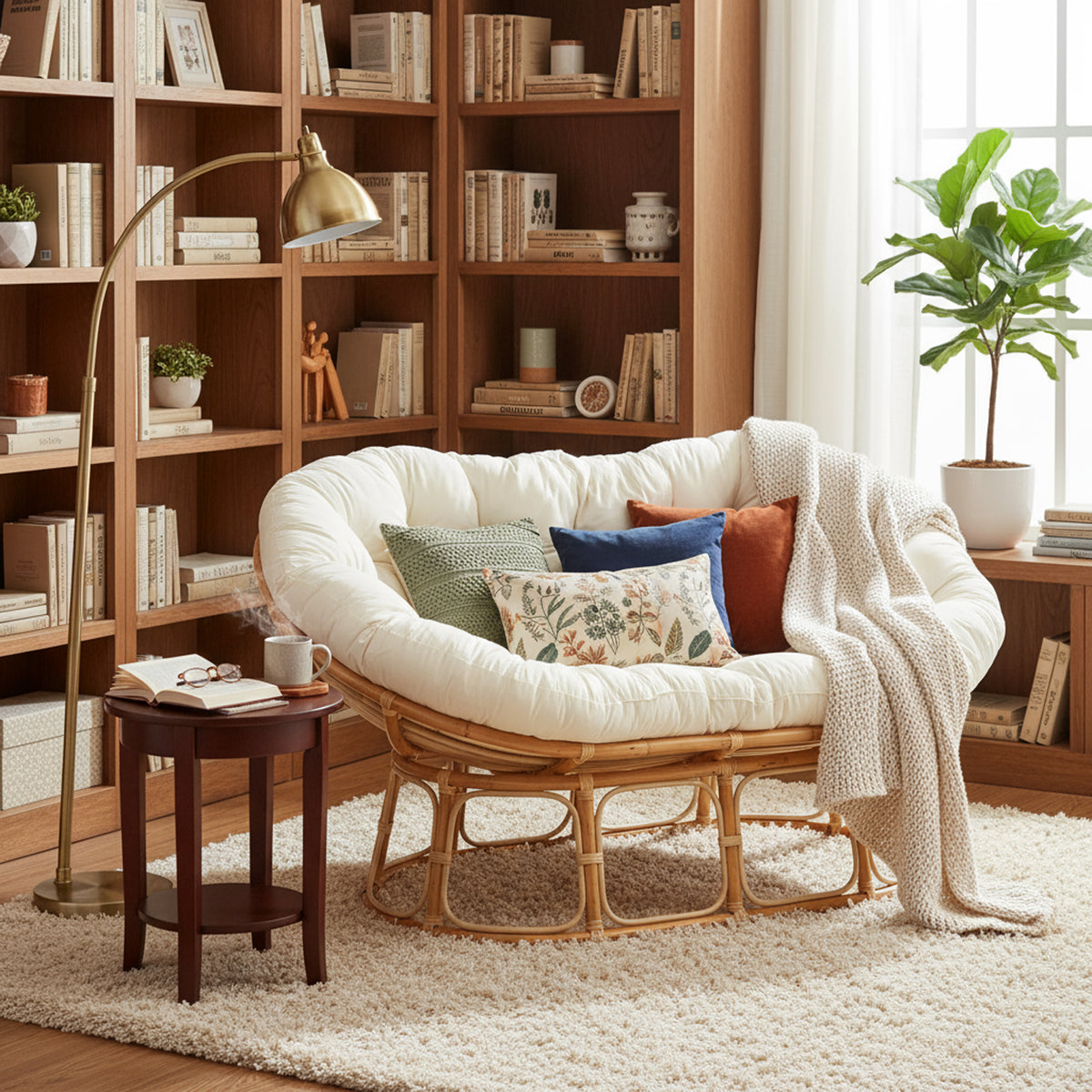 Natural Rattan Papasan Sofa in Cloud Cream Boucle