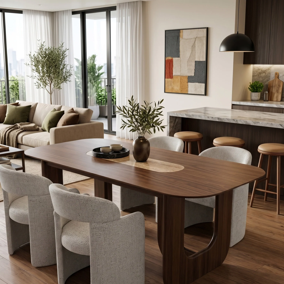 Marabie 200cm Walnut Dining Set – Open Ebony Base Table with 4 Marabie Greige Boucle Chairs