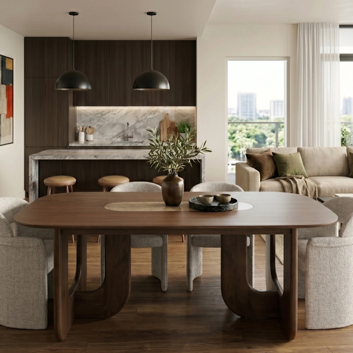Marabie 200cm Walnut Dining Set – Open Ebony Base Table with 4 Marabie Greige Boucle Chairs