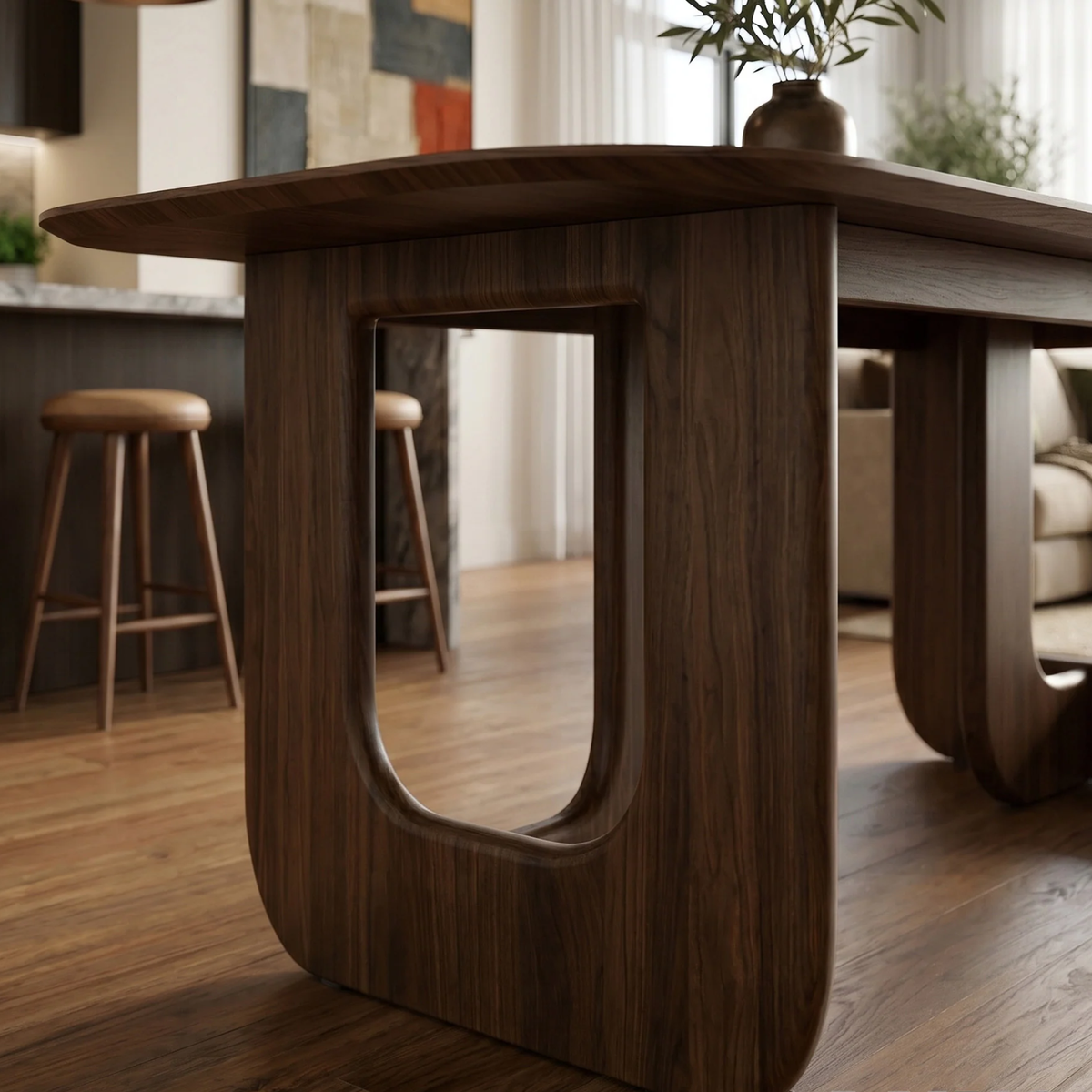 Marabie 200cm Walnut Dining Set – Open Ebony Base Table with 4 Marabie Greige Boucle Chairs