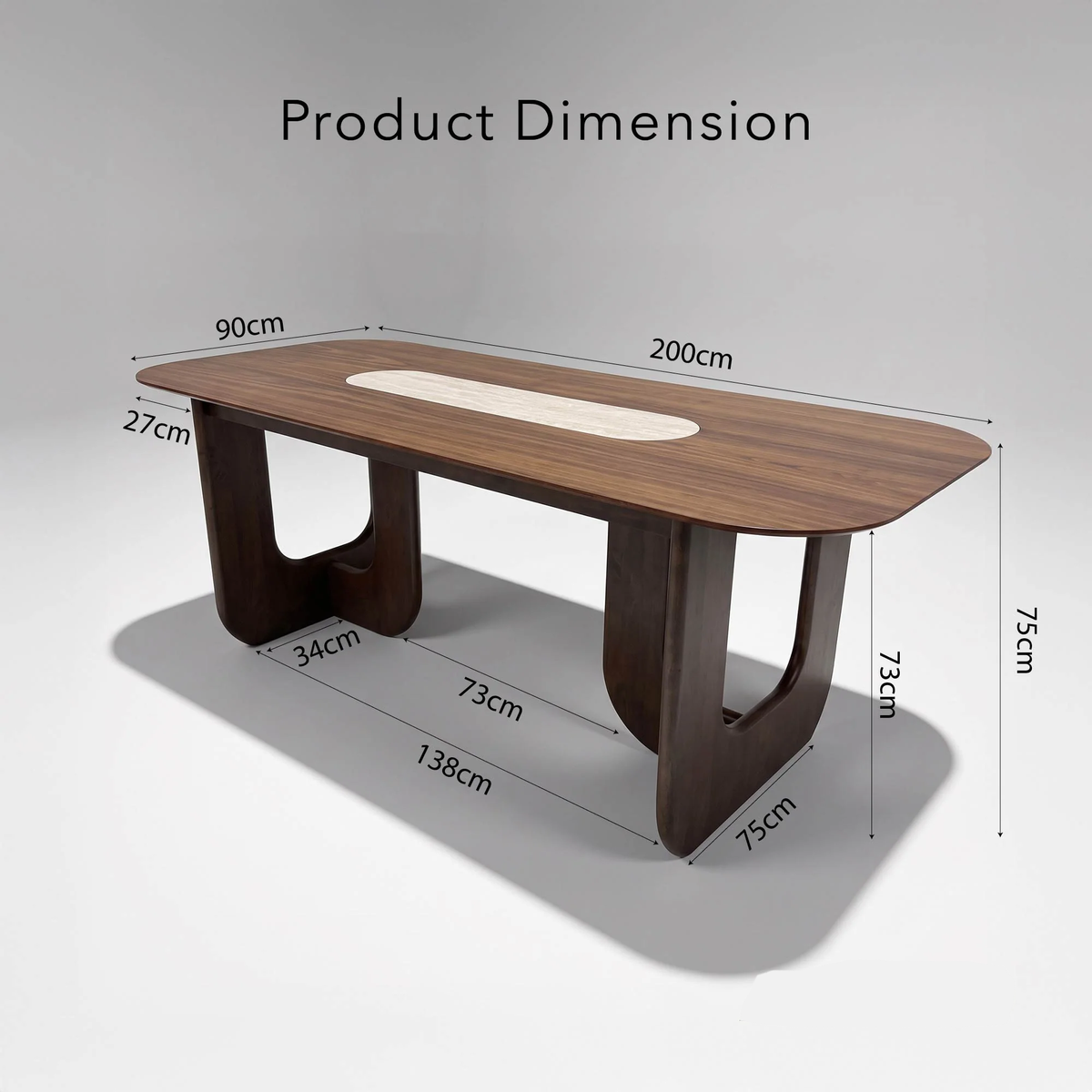 Marabie 200cm Walnut Dining Set – Open Ebony Base Table with 4 Marabie Greige Boucle Chairs