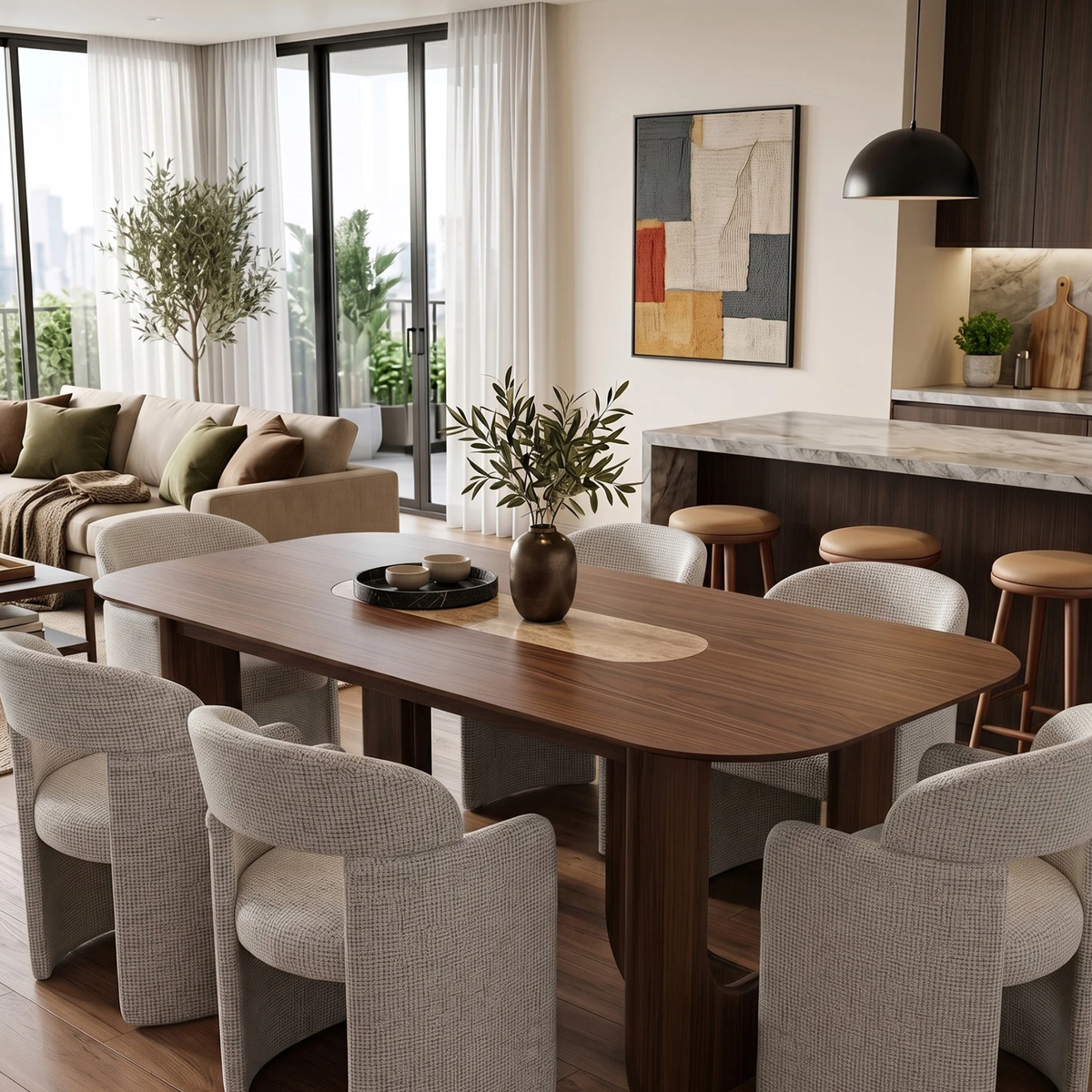 Marabie 200cm Walnut Dining Set – Open Ebony Base Table with 6 Marabie Greige Boucle Chairs