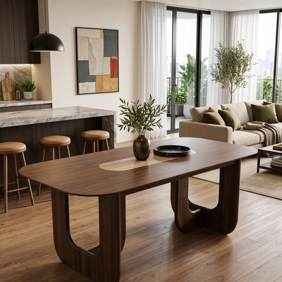 Marabie 200cm Walnut Dining Set – Open Ebony Base Table with 6 Marabie Greige Boucle Chairs