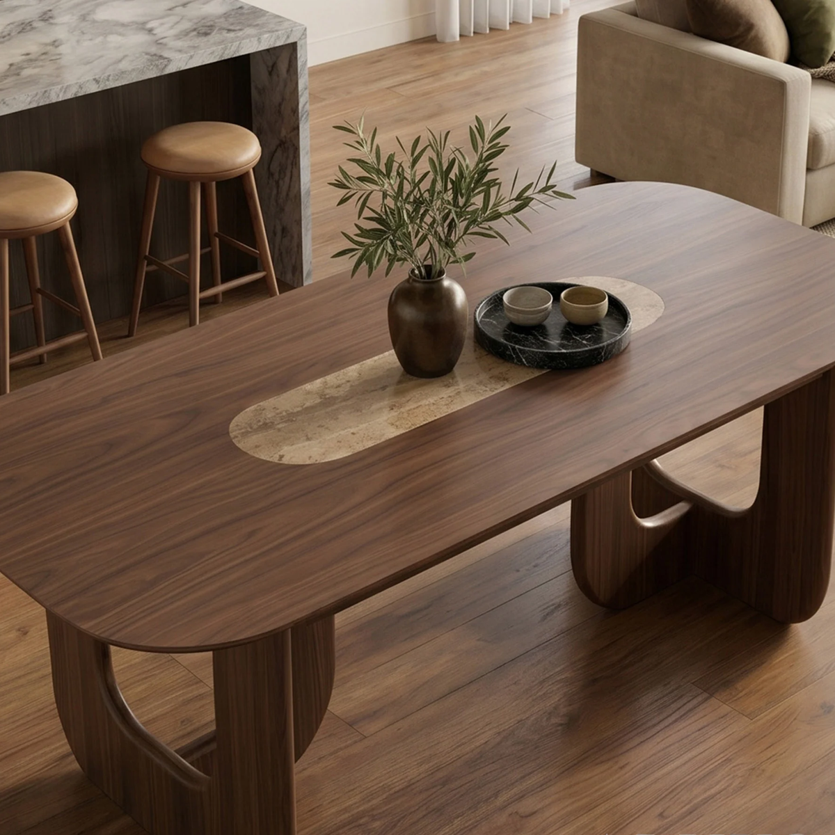 Marabie 200cm Walnut Dining Table - Sculptural Open Ebony Base