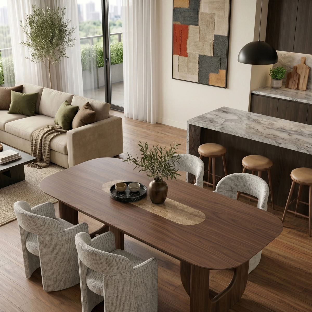Marabie 200cm Walnut Dining Table - Sculptural Open Ebony Base