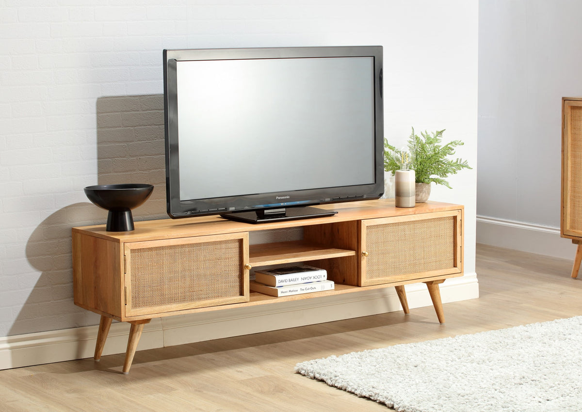 Rattan mango wood tv stand media unit natural web