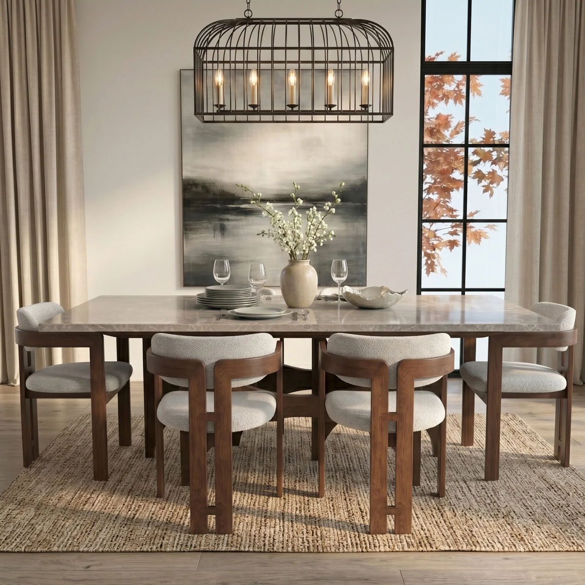 Mervulo 220cm Walnut & Beige Marble Dining Set – Sculptural Base Table with 6 Carmine Oatmeal Boucle Chairs