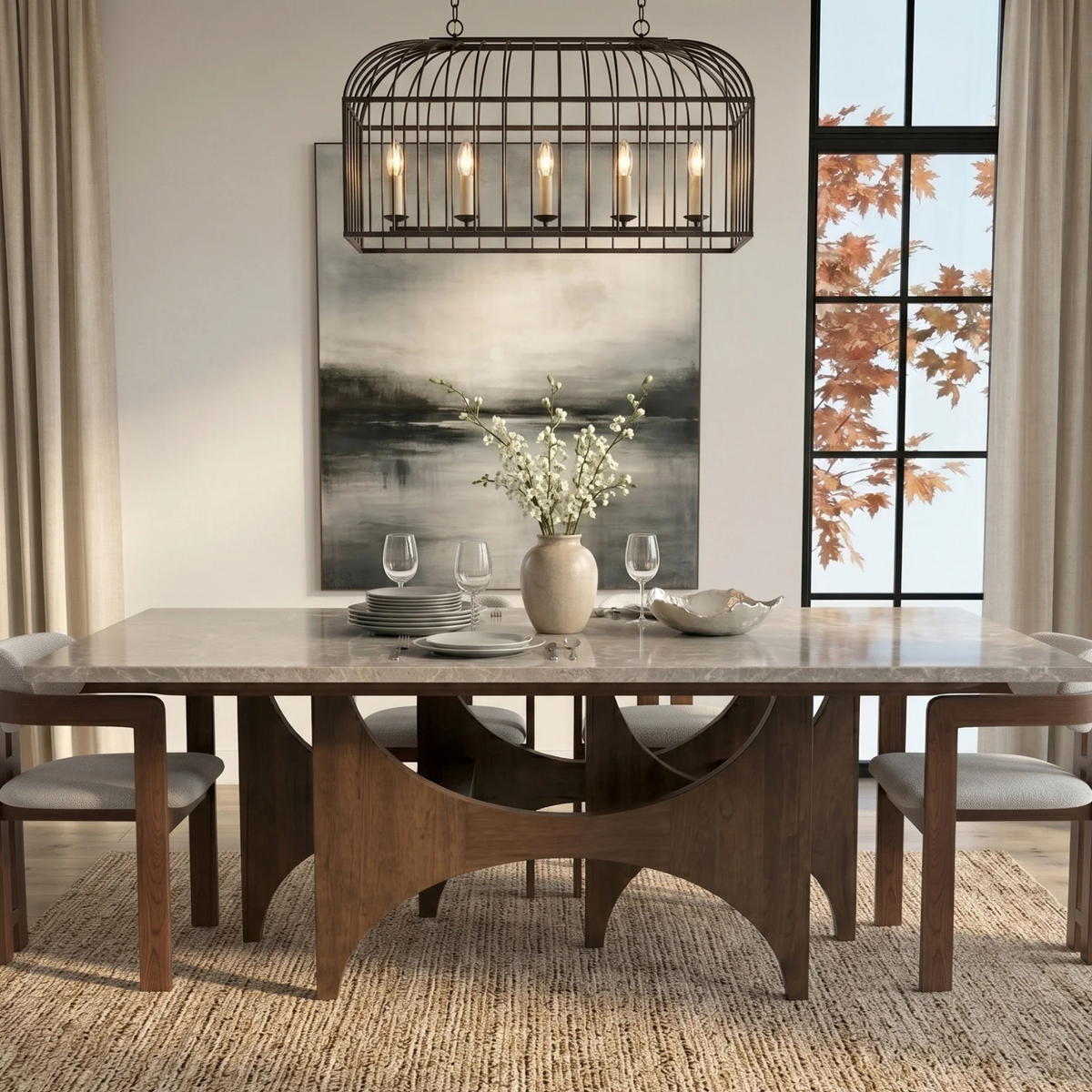Mervulo 220cm Walnut & Beige Marble Dining Set – Sculptural Base Table with 6 Carmine Oatmeal Boucle Chairs