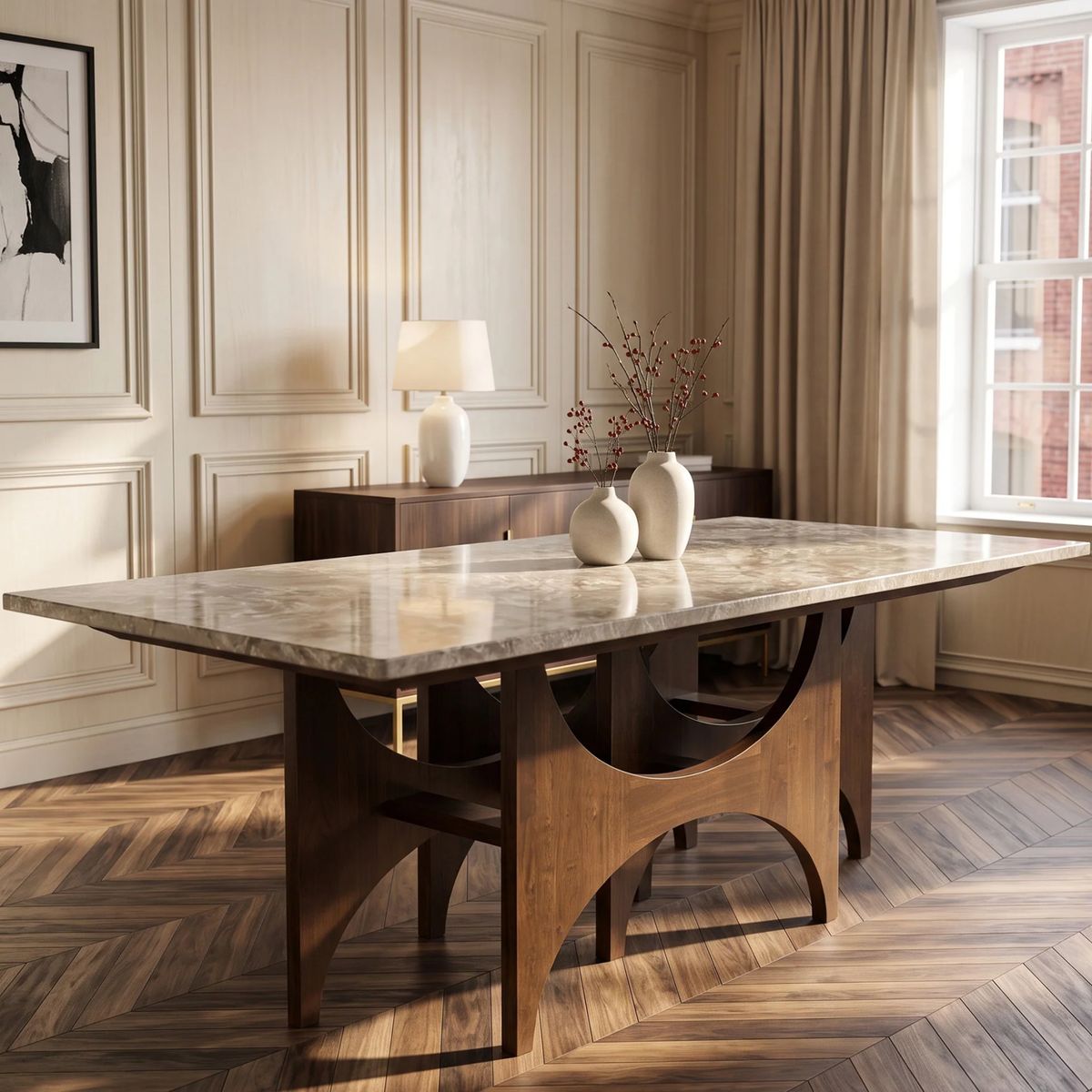 Mervulo 220cm Walnut & Beige Marble Dining Set – Sculptural Base Table with 6 Carmine Oatmeal Boucle Chairs