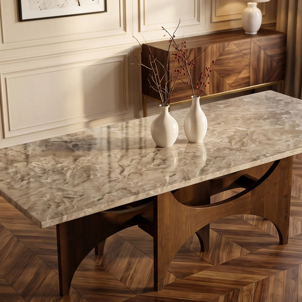 Mervulo 220cm Walnut & Beige Marble Dining Set – Sculptural Base Table with 6 Carmine Oatmeal Boucle Chairs