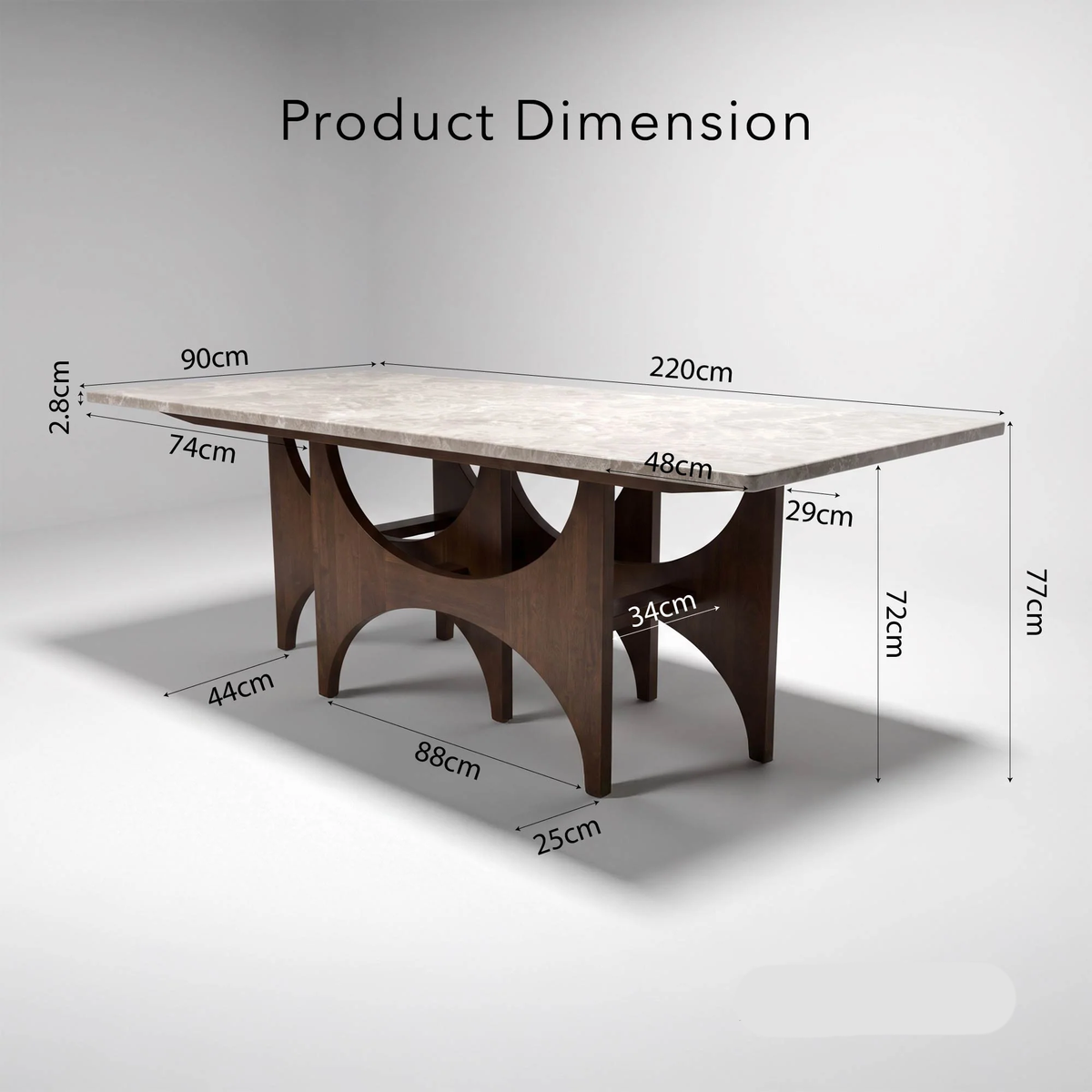 Mervulo 220cm Walnut & Beige Marble Dining Set – Sculptural Base Table with 6 Carmine Oatmeal Boucle Chairs