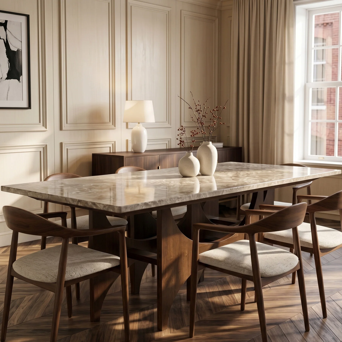 Mervulo 220cm Walnut & Beige Marble Dining Set – Sculptural Base Table with 6 Fiora Oatmeal Boucle Chairs