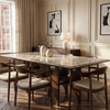 Mervulo 220cm Walnut & Beige Marble Dining Set – Sculptural Base Table with 6 Fiora Oatmeal Boucle Chairs