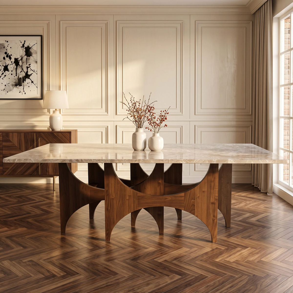 Mervulo 220cm Walnut & Beige Marble Dining Set – Sculptural Base Table with 6 Fiora Oatmeal Boucle Chairs