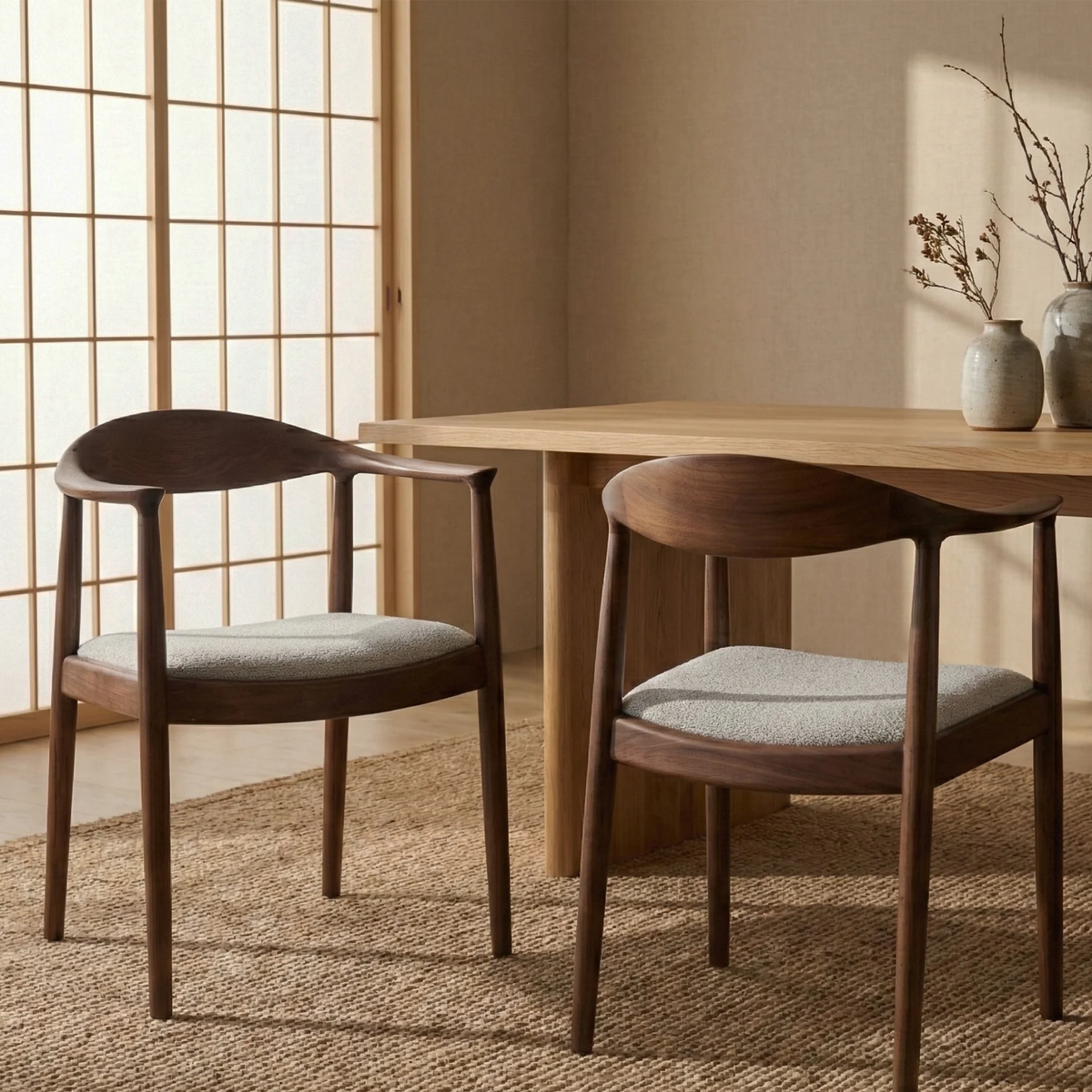 Mervulo 220cm Walnut & Beige Marble Dining Set – Sculptural Base Table with 6 Fiora Oatmeal Boucle Chairs