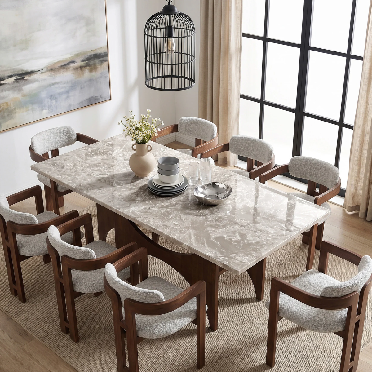Mervulo 220cm Walnut & Beige Marble Dining Set – Sculptural Base Table with 8 Carmine Oatmeal Boucle Chairs