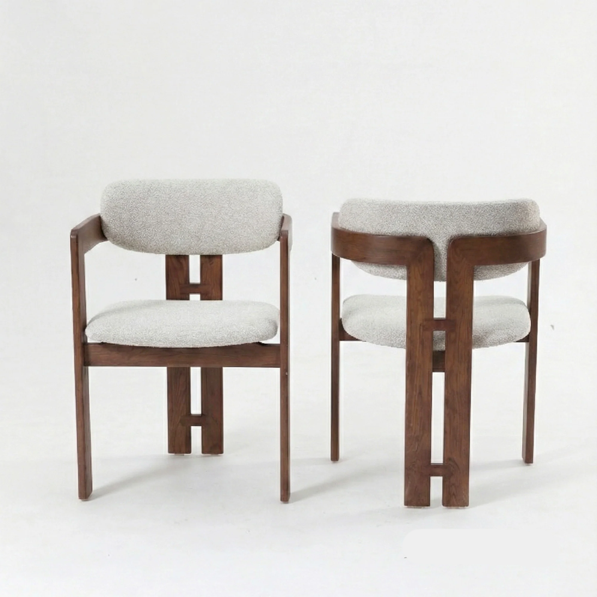 Mervulo 220cm Walnut & Beige Marble Dining Set – Sculptural Base Table with 8 Carmine Oatmeal Boucle Chairs