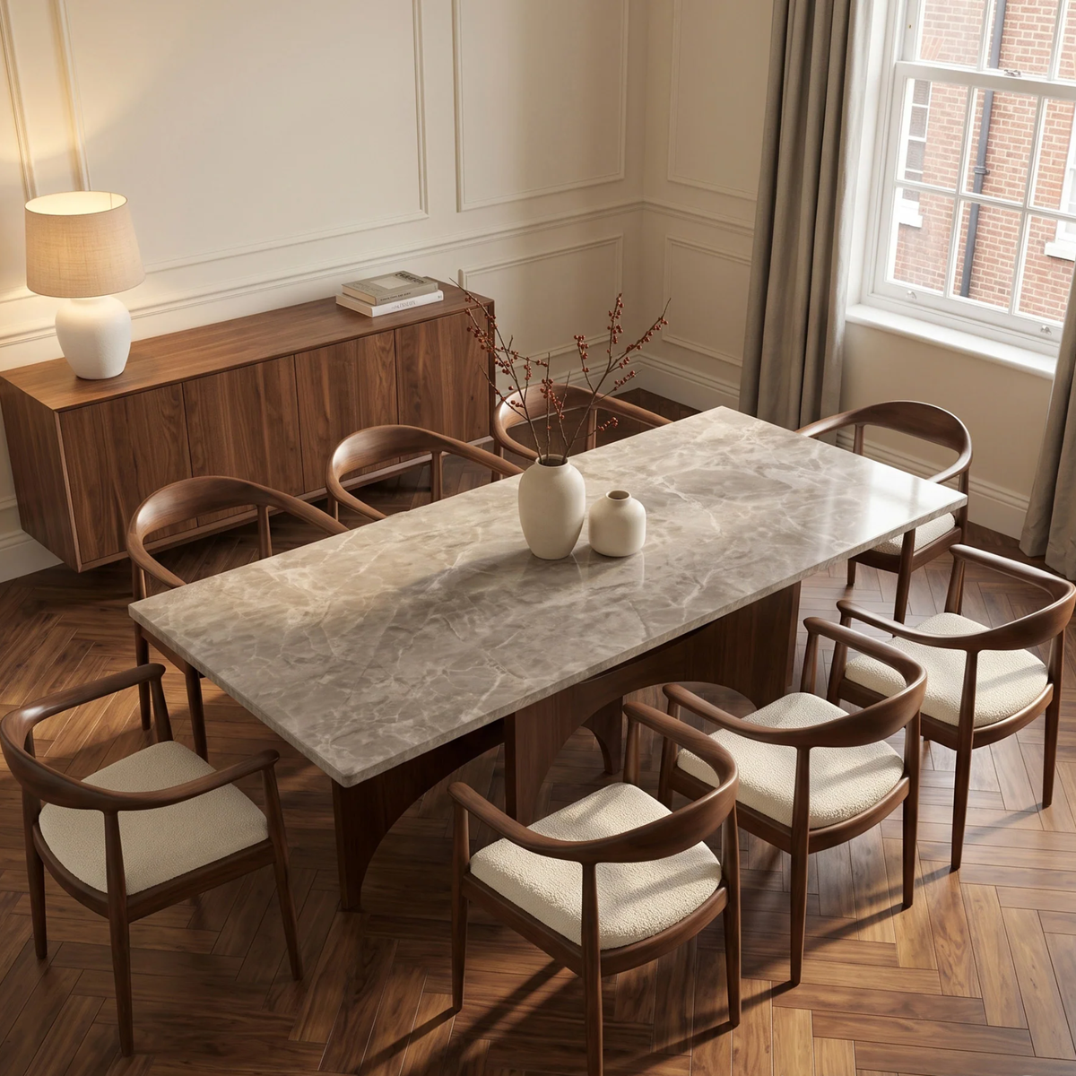 Mervulo 220cm Walnut & Beige Marble Dining Set – Sculptural Base Table with 8 Fiora Oatmeal Boucle Chairs