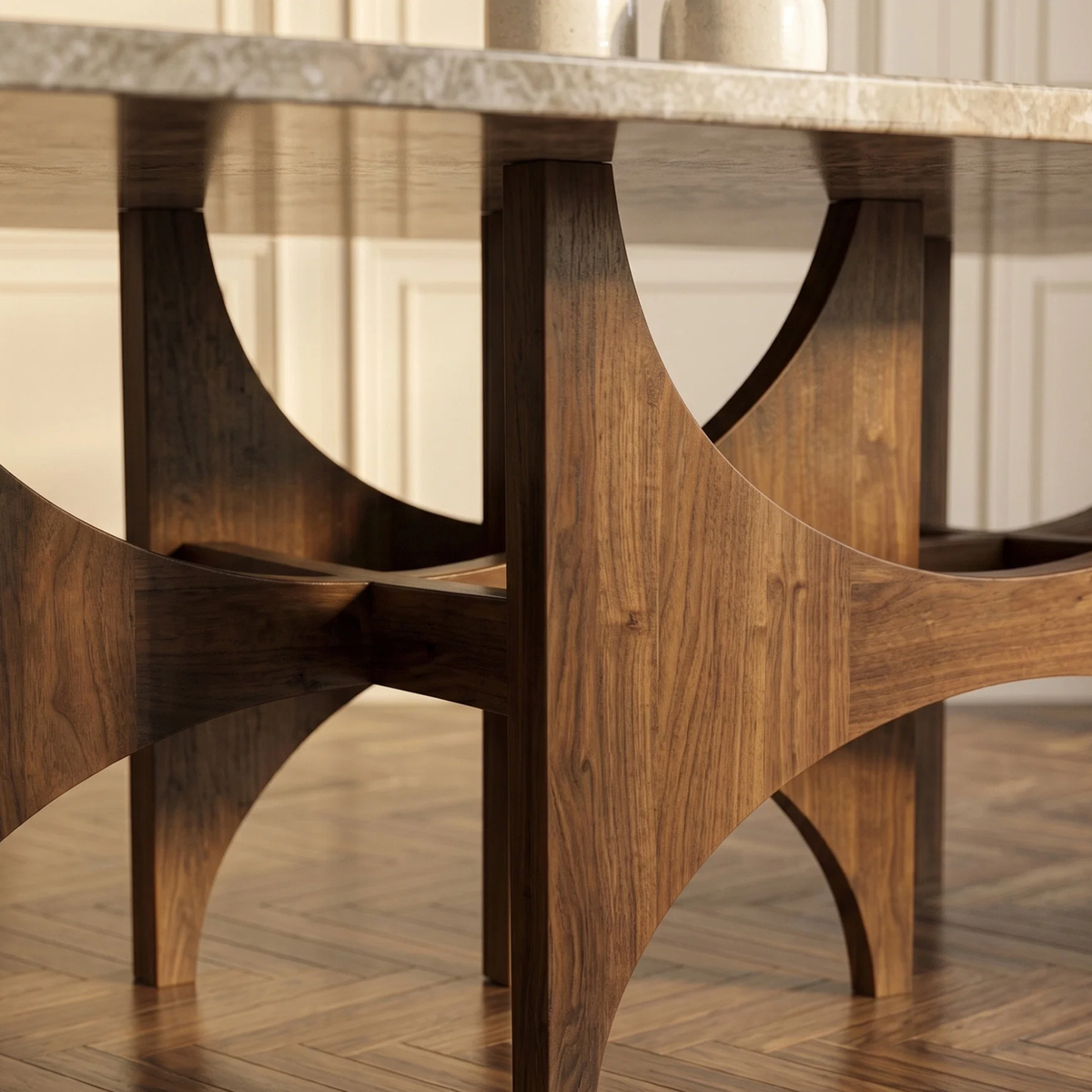 Mervulo 220cm Walnut & Beige Marble Dining Set – Sculptural Base Table with 8 Fiora Oatmeal Boucle Chairs