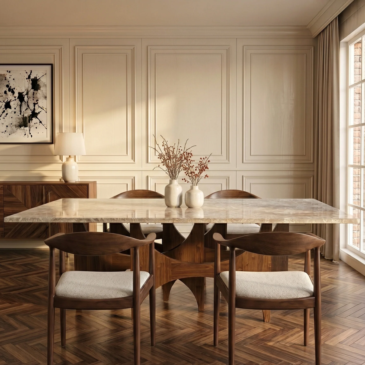 Mervulo 220cm Walnut & Beige Marble Dining Table - Sculptural Base