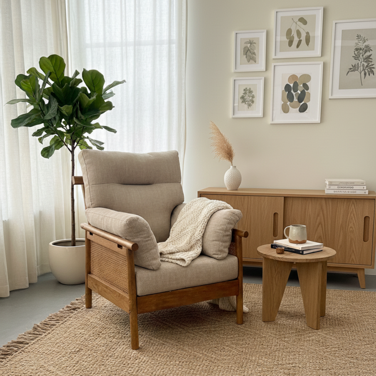Mindi Light Oak Cane Armchair in Biscuit - Factory Fault