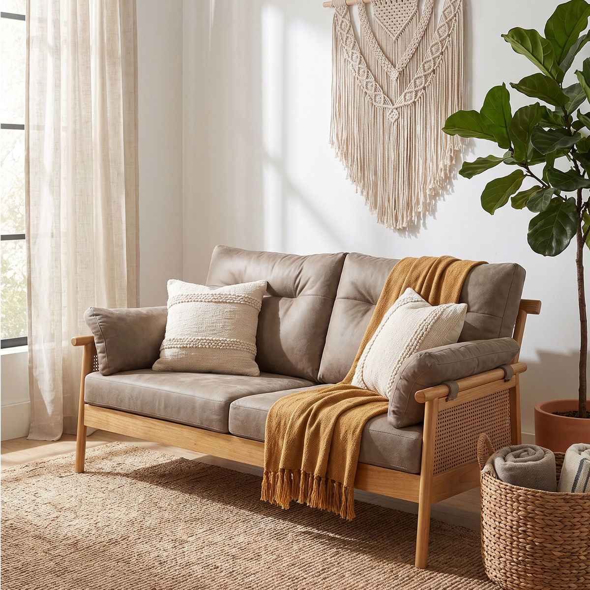 Mindi Light Oak Cane 3 Seater Sofa