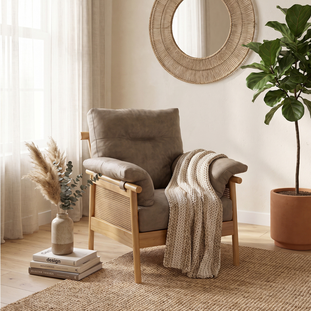 Mindi Light Oak Cane Armchair