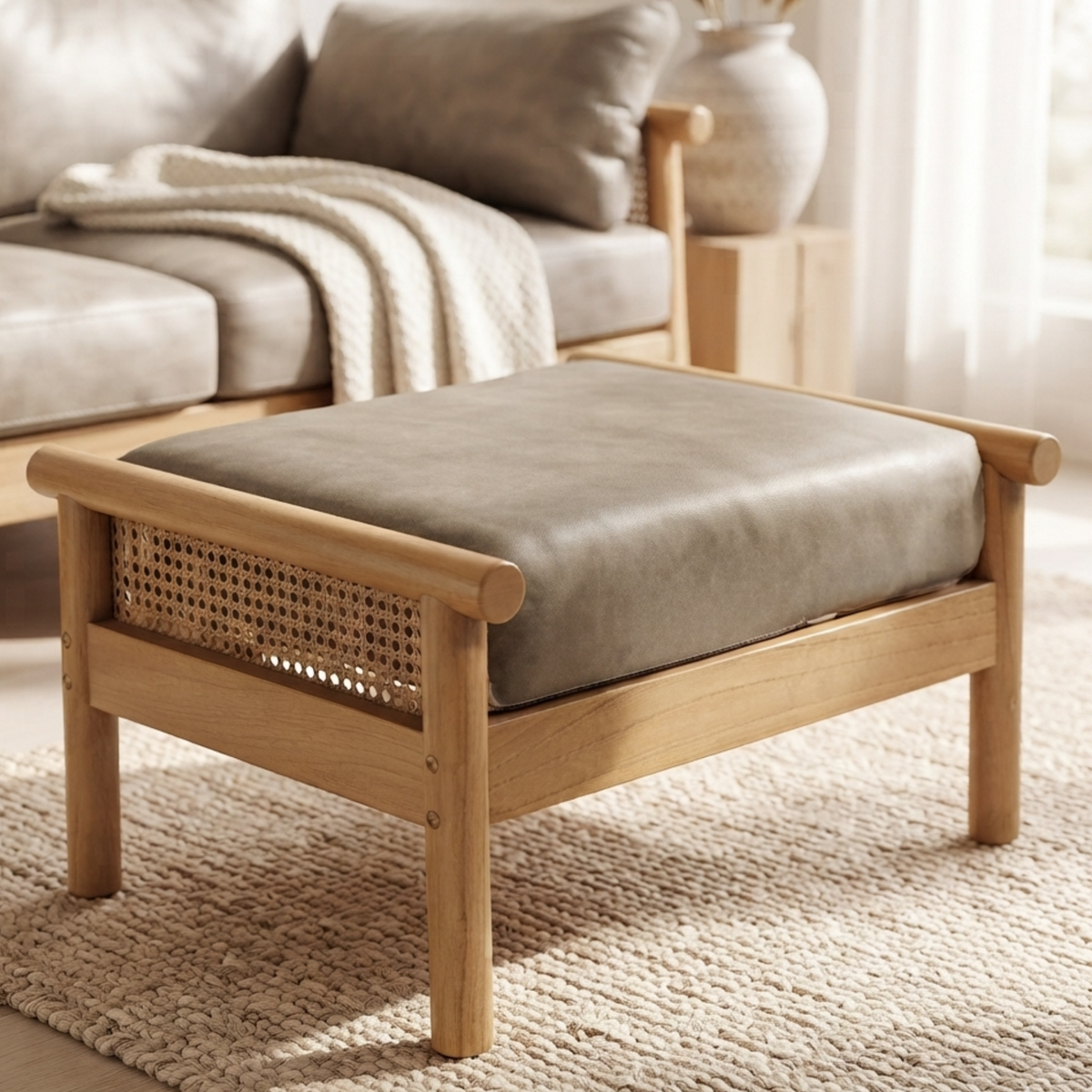 Mindi Light Oak Cane Footstool