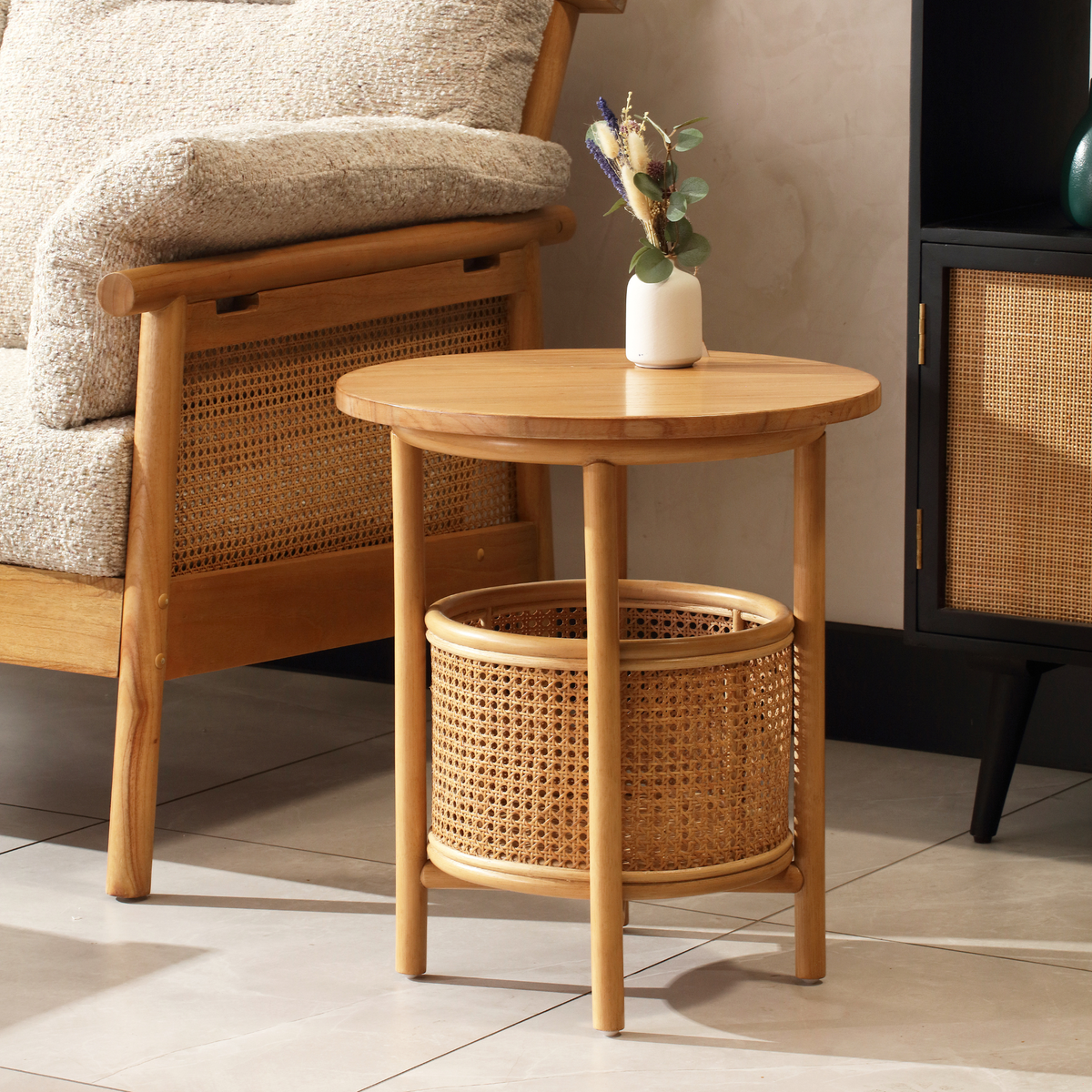 Mindi Light Oak Cane Lamp Table