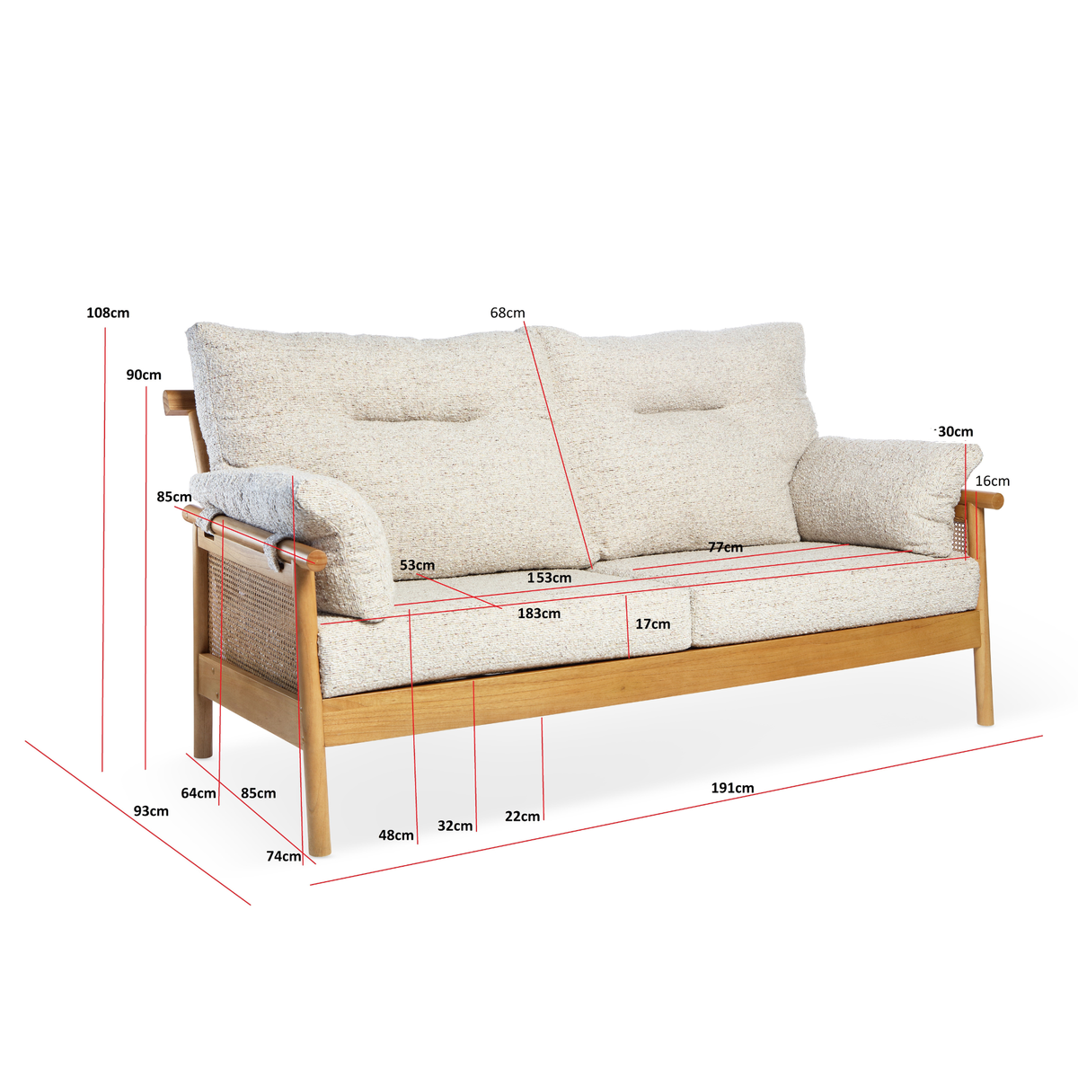 Mindi Light Oak Cane 3 Seater Sofa