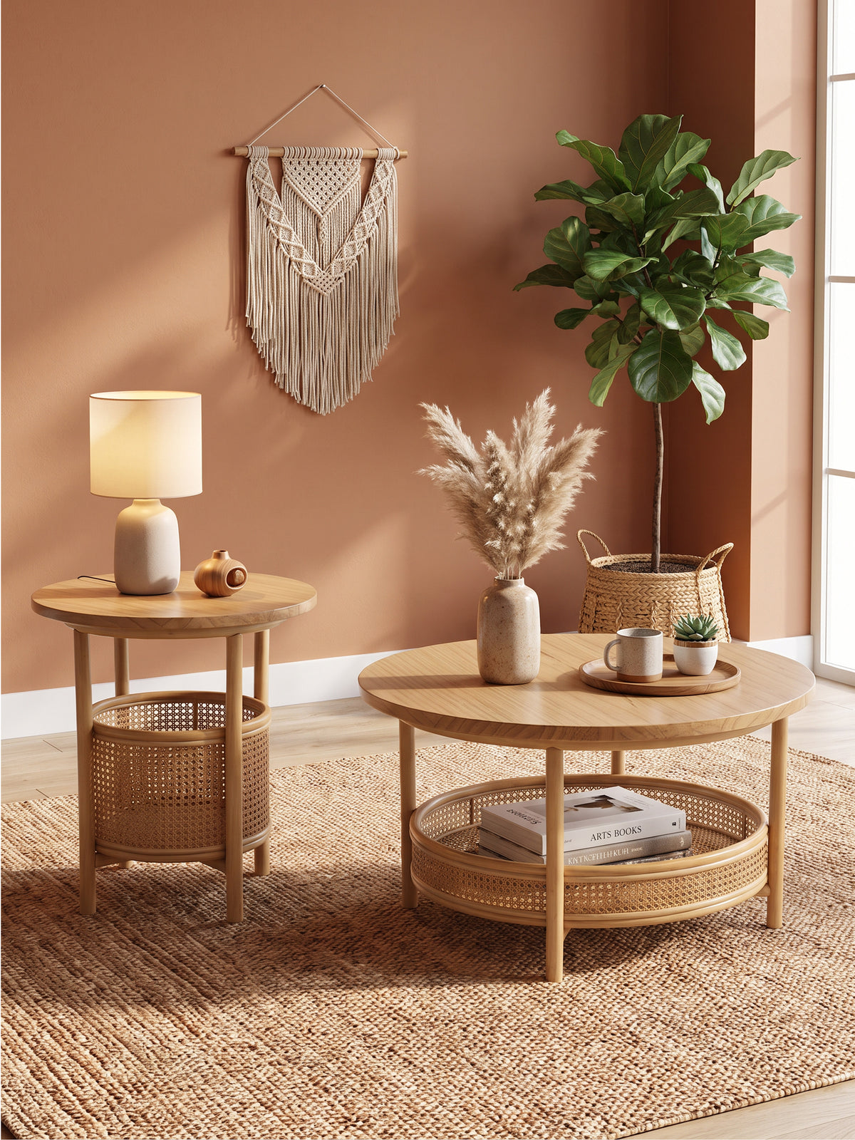 Mindi Light Oak Cane Lamp Table
