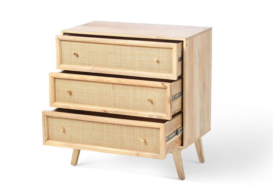 rattan mango wood natural 3 draw chest of drawers set