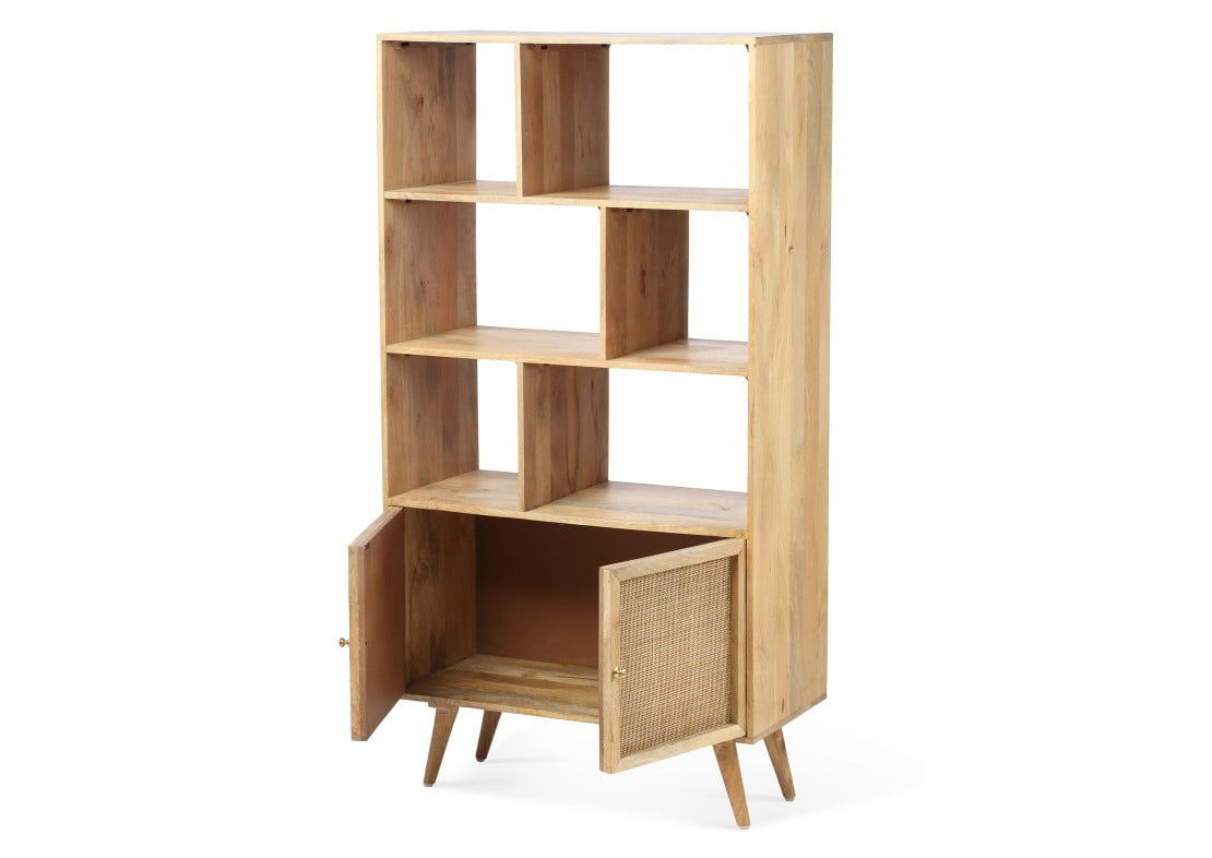 rattan natural mango wood book shelf doors open web