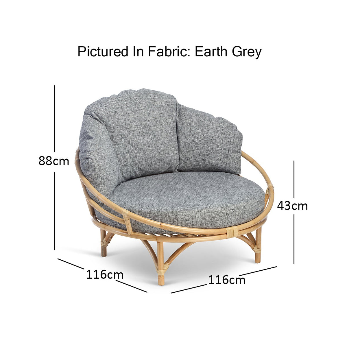 Rattan Natural Snug Cuddle Chair in Aquaclean Earth Grey Cushion