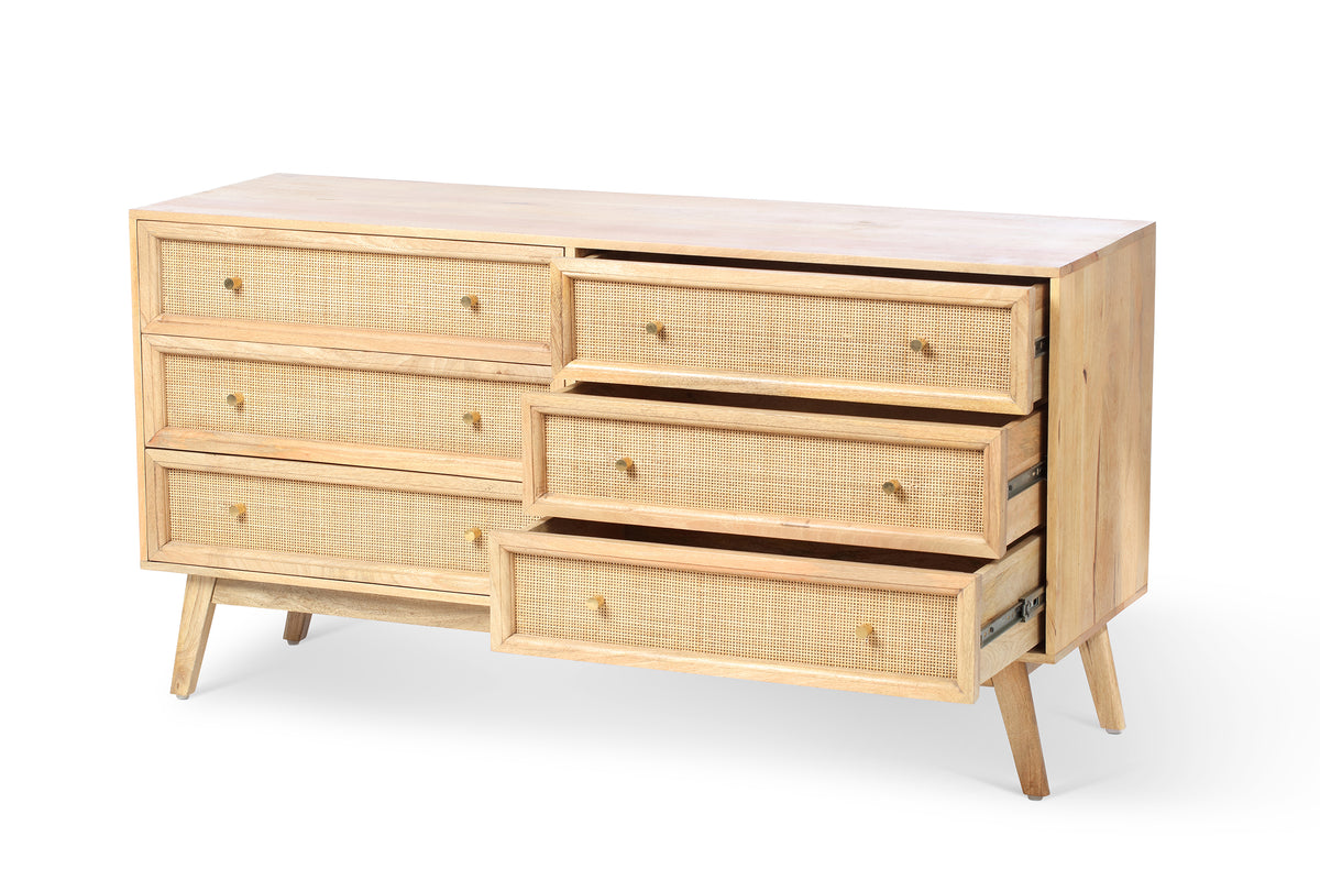 Venice Wide 6 Drawer Chest Unit Rattan & Mango Wood in Natural