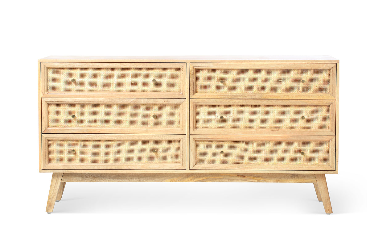 Venice Wide 6 Drawer Chest Unit Rattan & Mango Wood in Natural