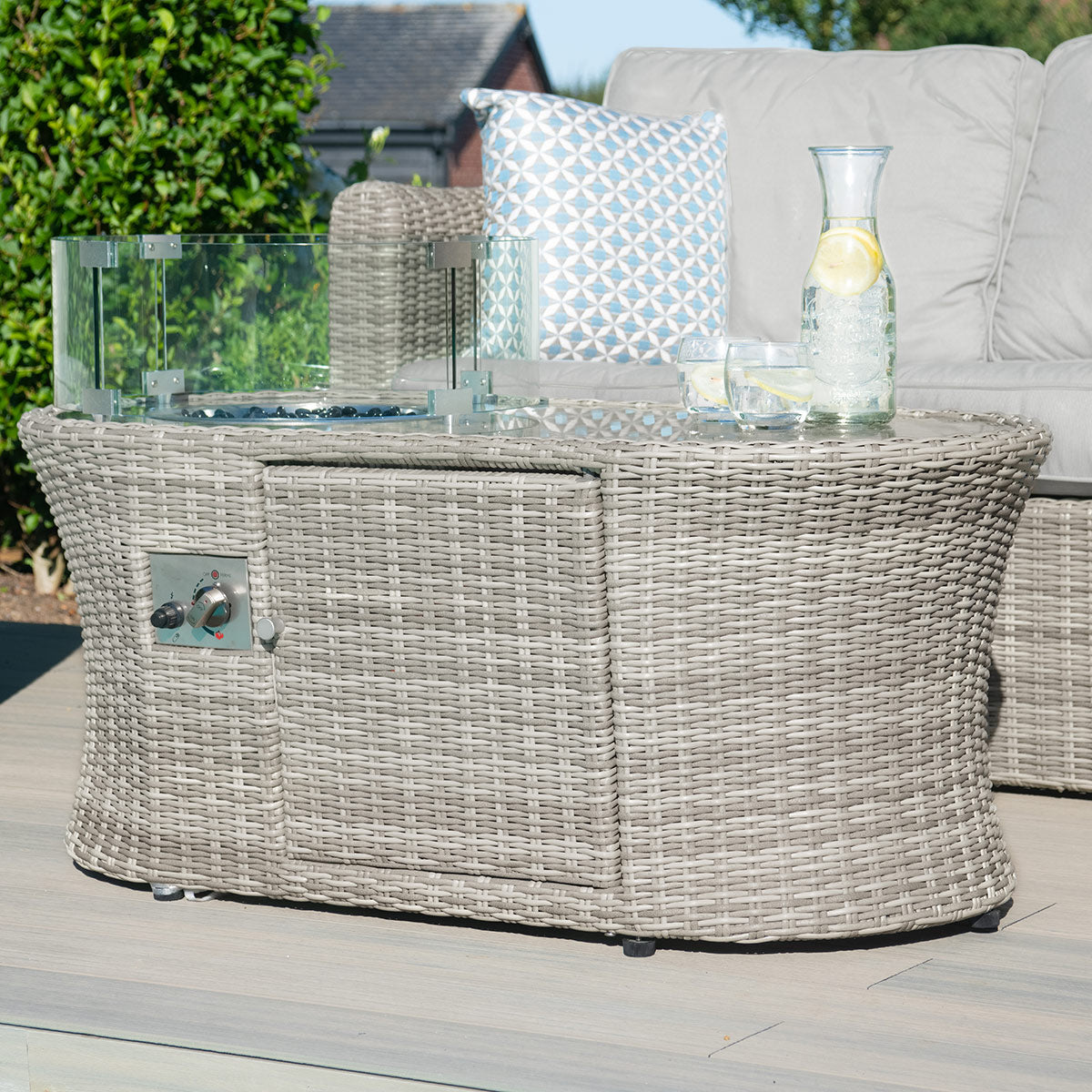 grasmere outdoor rattan 2 seater suite with oval fire pit coffee table