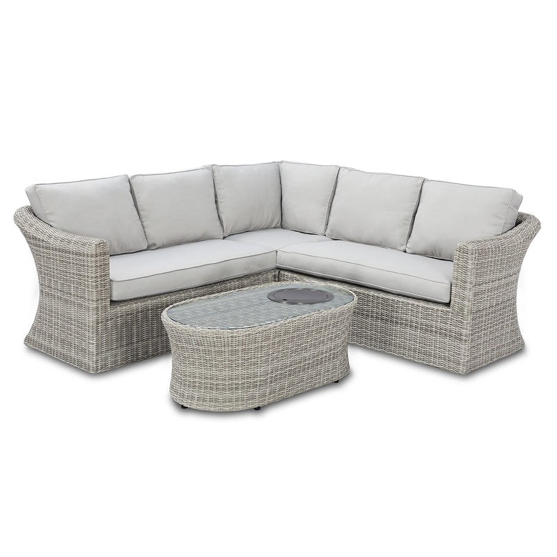 grasmere outdoor rattan small corner sofa set with fire pit coffee table