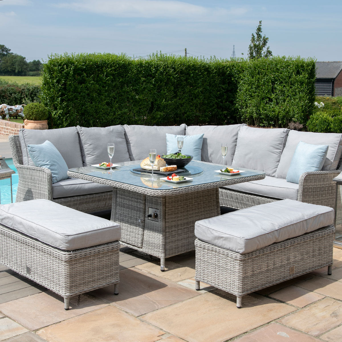 grasmere royal outdoor rattan corner sofa set with fire pit table & lazy susan