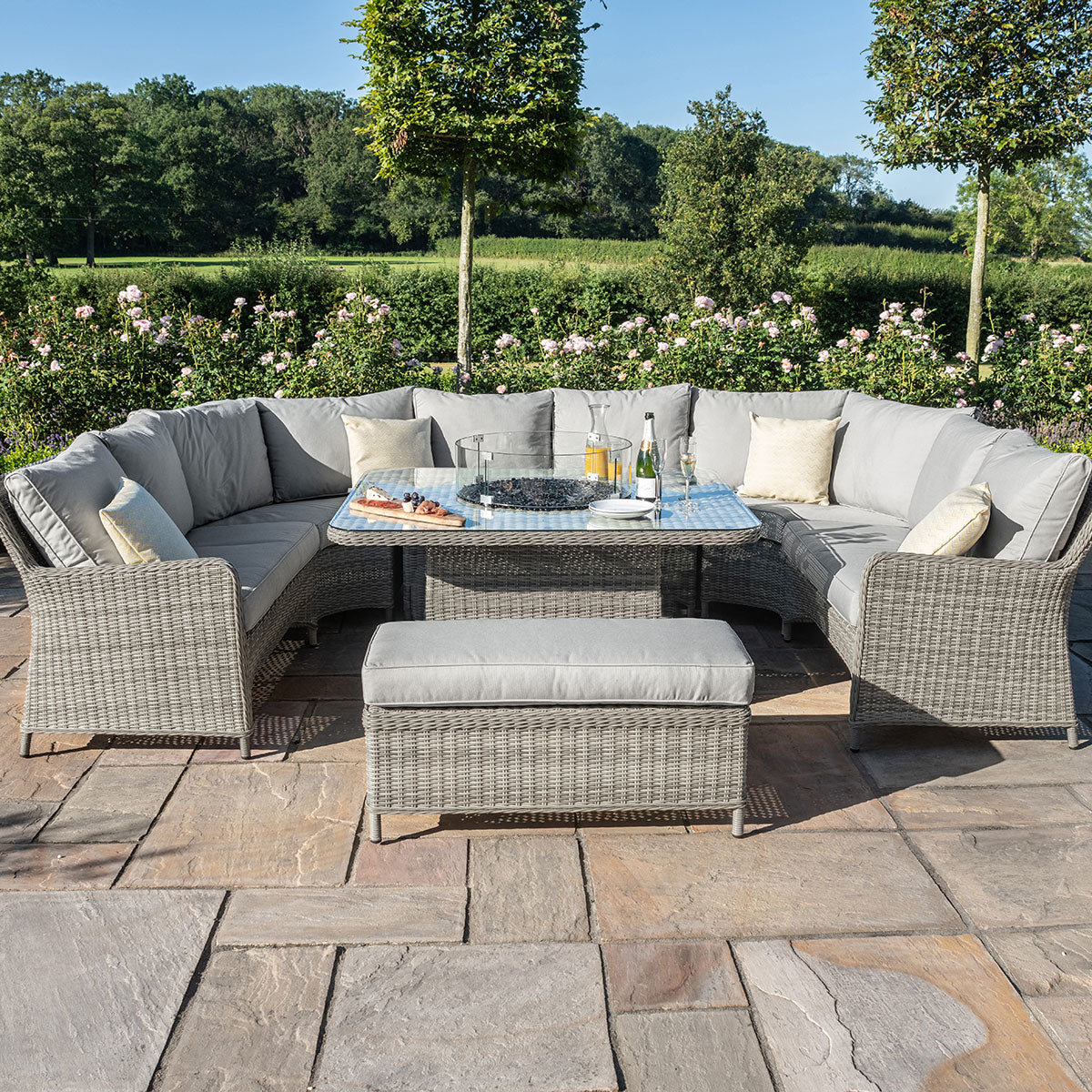 grasmere royal outdoor rattan u shaped sofa set with fire pit table