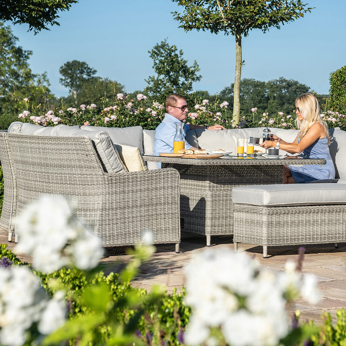 grasmere royal outdoor rattan u shaped sofa set with adjustable table