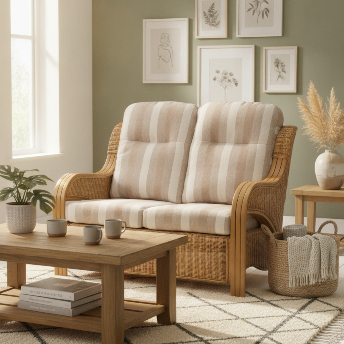 Opera Light Oak Cane 2 Seater Sofa in Duke Beige Stripe