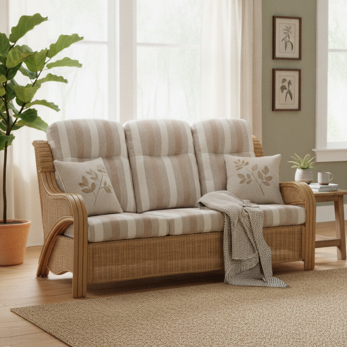 Opera Light Oak Cane 3 Seater Sofa in Duke Beige Stripe